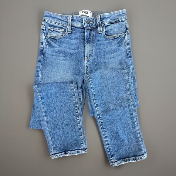 PAIGE Jacqueline Straight Jeans Blue 25 High Rise Raw Hem Stretch Denim USA - Picture 1 of 11